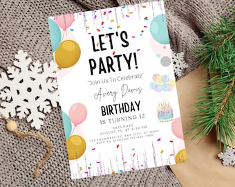 Birthday Party Invitation Fun and Festive Colorful Editable Printable Template, Digital Download