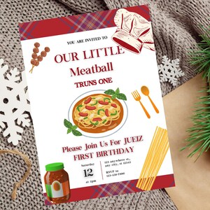 Convite de aniversário editável Our Little Meatball, modelo de convite de primeiro aniversário de pizza, festa de almôndegas de espaguete, aniversário italiano