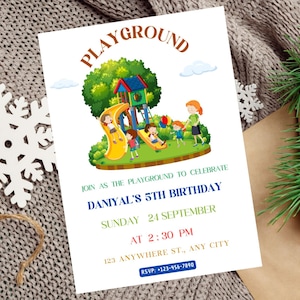 Playground Birthday Invitation Template Party in the Park Outdoor Birthday Invite Run Jump Slide Play Instant Download