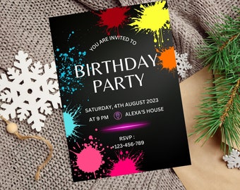 May include: Black birthday party invitation with colourful paint splatters. The text reads "You are invited to Birthday Party, Saturday, 4th August 2023, at 9 PM, Alexa's House, RSVP: +123-456-789".