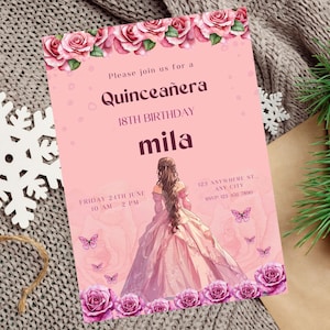 Quinceanera Invitation, Floral Princess Quinceanera Invitation, Pink Mis Quince  Birthday, Girl Invitation, Quinceanera Theme, Party Invite