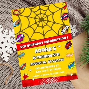 Spidey Birthday Invitation, Spidey Birthday Party Invite Editable Template, Simple Yellow Theme Spidey Birthday Printable Invitation