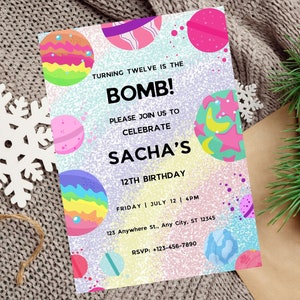 May include: A colorful birthday invitation with a glittery background and a space theme. The text reads "Turning twelve is the BOMB! Please join us to celebrate Sacha's 12th Birthday. Friday | July 12 | 4PM 123 Anywhere St., Any City, ST 12345 RSVP: +123-456-7890"