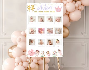 Fairy first birthday photo sign in 2 sizes 24" x 36",18"X 24", Fairy 1st birthday 12 month photo collage sign, 1st Year baby poster template