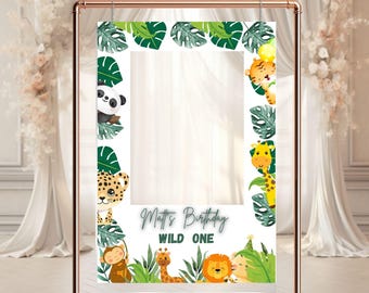 Editable Safari Photo Booth Frame, Photo Prop Frame Printable Template, Wild One Birthday Frame, Woodland Animals Birthday Photo Booth Decor