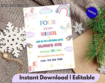 Editable Unicorn 4th Birthday Invitation, Four Ever Magical Girl Party, Pastel Rainbow Fourth Birthday Template