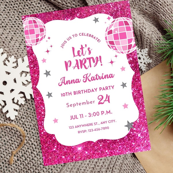 Pink Sparkle Birthday Invitation Pink Doll Party invitation Sparkle Invitation Glitter Pink Printable Invite for Girls