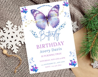 Invitación de cumpleaños de mariposa editable, plantilla de invitación de mariposa morada para niñas, plantilla imprimible