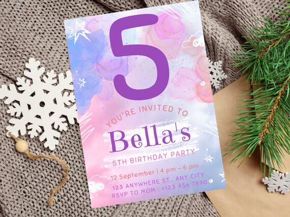 Editable Girl 5th Birthday Invitation, Watercolor Splash Ombre Pastel Invite, Gold Glitter Sprinkle Birthday Party Template