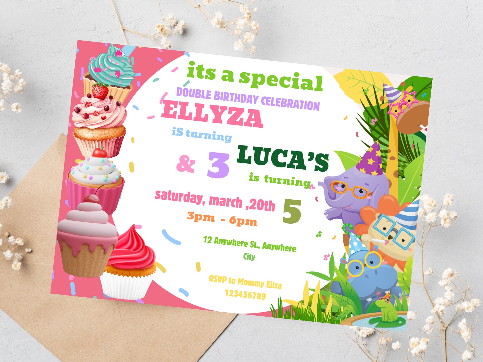 Editable Dual Invitation, Double Invitation Template, Sibling Twins ...