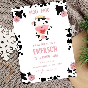 Moo Moo Im Two Birthday Invitation Cow 2nd Birthday Invite Floral Birthday Invitation Digital Download