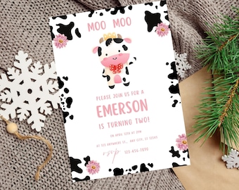 Moo Moo Im Two Birthday Invitation 2e anniversaire de vache, Invitation florale d'anniversaire en téléchargement numérique