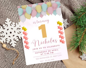 First Birthday Invitation, Pastel Rainbow 1st Birthday Invite, Balloon Arch Birthday Invitation, Printable Digital Download