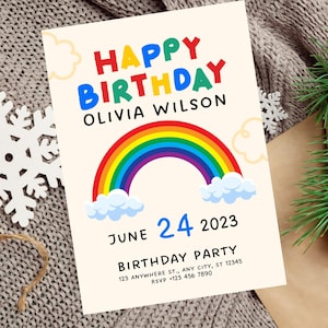 Invitación de cumpleaños arcoíris editable, invitación para fiesta arcoíris, plantilla de invitación de cumpleaños arcoíris, invitación de cumpleaños colorida