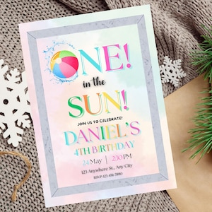 Editable One in the Sun Birthday Invitation Template, Pool Party First Birthday, Summer Beach Ball Invite, Boy 1st Birthday Instant Download