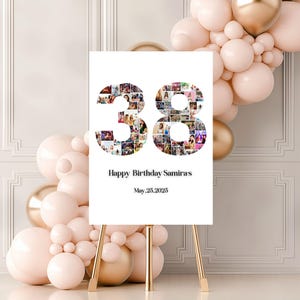 Op de afbeelding: Een wit posterbord met een fotocollage van 38, die het nummer 38 vormt. De tekst "Happy Birthday Samira's" en "May 25, 2025" staat onder het nummer.