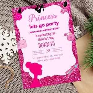 Fashion Doll Birthday Invitation Pink Doll Party invitation Pink Sparkle Invitation Glitter Pink Printable Invite for Girls Instant Download