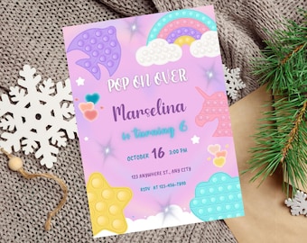 Pop It-uitnodiging bewerkbaar, Fidget Toy Party, Pop It Rainbow-verjaardagsuitnodiging, leuke zeepbel verjaardagsuitnodiging, kleurrijke verjaardagsuitnodiging