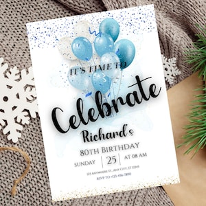 Modèle d'invitation d'anniversaire pour homme, fêtons l'invitation, ballons d'invitation, invitation modifiable bleu noir, invitation décontractée