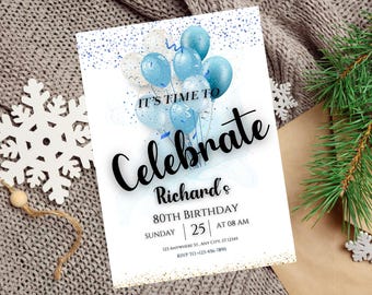 Men&#39;s Birthday Invitation Template, Let&#39;s Celebrate Party Invite, Balloons Party Invite, Editable Blue Black Party Invite, Casual Invite