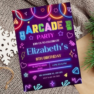 Invitation d'anniversaire de fête d'arcade modifiable, modèle d'invitation d'anniversaire d'arcade, invitation d'anniversaire d'arcade néon, invitation d'anniversaire de jeu vidéo