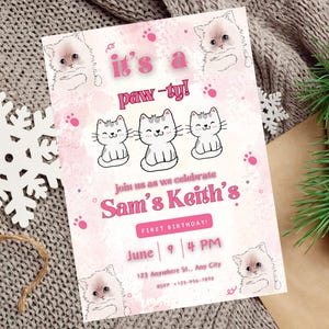 Invito di compleanno a tema gatto modificabile, invito "It's a Paw-ty", invito digitale stampabile per una festa a tema gattini, invito "Sei un gattino?"