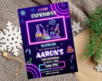 May include: A neon pink and blue birthday invitation for an 11th birthday party with the text "Come Experiment" and "Aaron's 11th Birthday". The invitation features a cartoon illustration of beakers and a microscope.