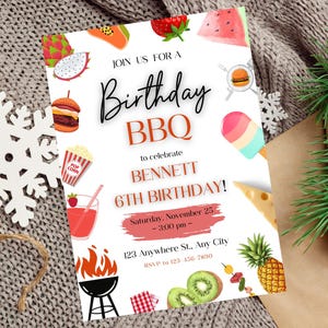 May include: A white invitation with colorful illustrations of food and drinks. The text reads "Join us for a Birthday BBQ to celebrate Bennett 6th Birthday! Saturday, November 25 - 3:00 pm - 123 Anywhere St. Any City RSVP to 123-456-7890"