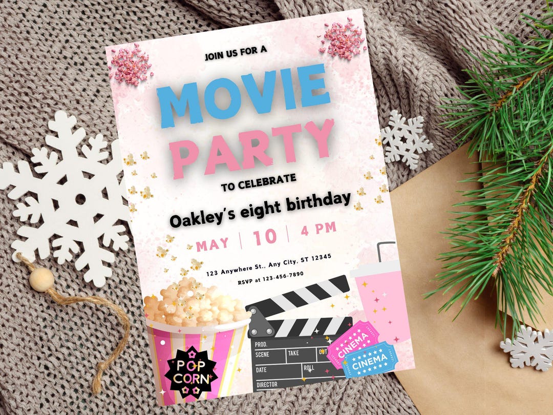 Editable Movie Birthday Invitation Template, Pop on Over for a Movie ...