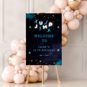 Cartello di benvenuto modificabile per feste di salto, cartello di compleanno per parco trampolini, tema galassia luminosa, poster di benvenuto stampabile, 3 dimensioni incluse