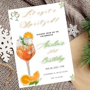 Plantilla editable de invitación de cumpleaños con spritz cítrico / Invitación a una fiesta de verano naranja para ella / Celebración para adultos / Tema "Vamos a rociarnos"