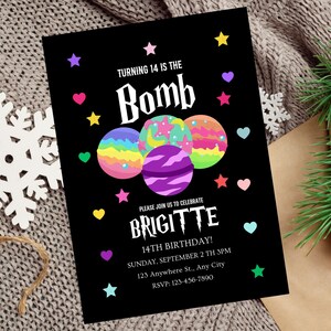 May include: Black invitation with colourful illustrations of planets and stars. The text reads "Turning 14 is the Bomb" and "Please join us to celebrate Brigette 14th Birthday! Sunday, September 2nd SPM 123 Anywhere St., Any City RSVP: 123-456-7890"