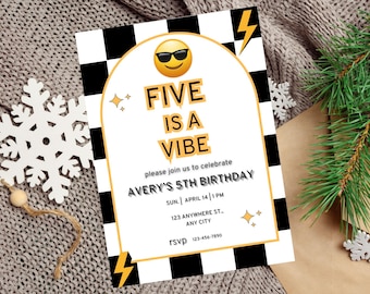 Five is a Vibe Birthday Invitation Template, EDITABLE A Vibe Birthday Invitation, Happy Face Bday Invite, Checkered Smile Face Invitation