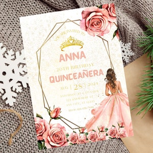Pink and Gold Quinceanera Invitation, Floral Princess Quinceanera Invitation, Pink Mis Quince  Birthday, Girl Invitation, Quinceanera Theme