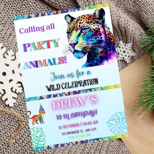 Editable Jungle Party Birthday Invitation, Safari Animal Invite, Rainbow Party Theme, Tiger Celebration Card, Digital Download