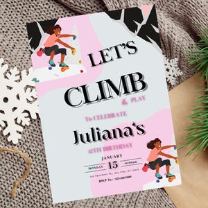 編集可能な女の子のロッククライミングの誕生日招待状テンプレート、登って遊ぼう誕生日パーティーの招待状、クライミングウォールの誕生日招待状