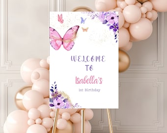 Editable Butterfly Welcome Sign Butterfly Birthday Party Butterfly Party Garden Girl Purple Gold Glitter Floral Template Instant Download