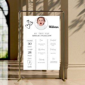 BEWERKBAAR mijlpaalbord eerste verjaardag, mijlpaalbord, minimalistisch mijlpaalbord, moderne mijlpaalposter 1e verjaardag, statistieken 1e verjaardag