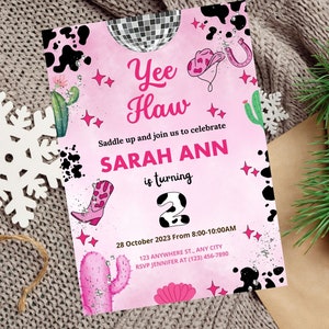 Editable Space Cowgirl Birthday Invitation Pink Disco Cowgirl Instant Download Editable