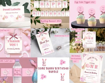 Einige Häschen sind ein Geburtstagskind Bundle | Bearbeitbar 1 Geburtstag Party Einladung, Willkommensschild, Banner, Tags & Dekorationen | Druckbar