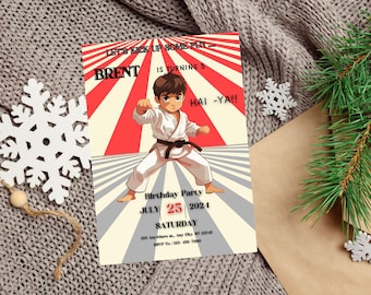 May include: A birthday party invitation for a 5-year-old boy with a karate theme. The invitation features a cartoon illustration of a boy in a white karate uniform with a black belt, performing a karate pose. The text on the invitation reads "Let's Kick Up Some Fun... Brent is Turning 5 Hai-Ya!! Birthday Party July 25 2024 Saturday".
