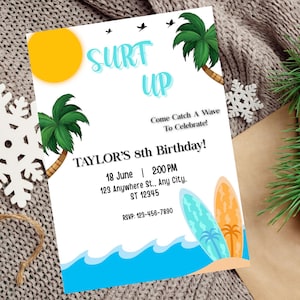 Surf Birthday Invitation, Editable Beach Party Invite Template, Summer Surf&#39;s Up Printable, Digital Download for Kids or Teens Party