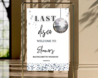 Modello modificabile per cartello di benvenuto per festa in discoteca, tema argento nero scintillante, poster per festa con palla da discoteca, cartello "Let's Disco", 3 misure incluse