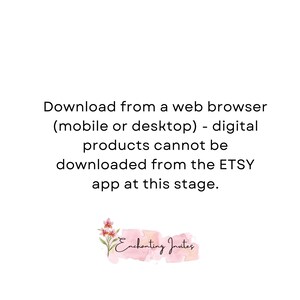 K&ouml;nnte beinhalten: Text auf wei&szlig;em Hintergrund, der lautet: "Download von einem Webbrowser (mobil oder Desktop) - digitale Produkte k&ouml;nnen in diesem Stadium nicht &uuml;ber die ETSY-App heruntergeladen werden." Unter dem Text befindet sich ein rosafarbenes Aquarelldesign mit den Worten "Enchanting Invites".