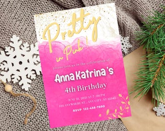 Pretty In Pink Birthday Invitation Template, Editable Pink Birthday Invitation, Glitter Birthday Party Invite, Pink and White Invitation