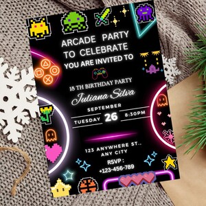 Editable Arcade birthday party invitation Neon boy game party glow gaming arcade birthday party neon glow party instant download