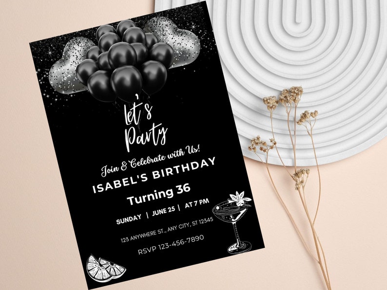 Editable Birthday Invitation Black Invitation Let's Party Black ...