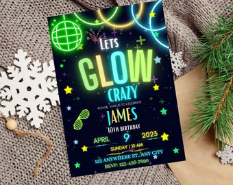 Bewerkbare Glow Party-verjaardagsuitnodiging, Glow genderneutrale uitnodigingen, Glow Party-sjabloon, Neon Party nodigt, bewerkbare Glow Party-sjabloon