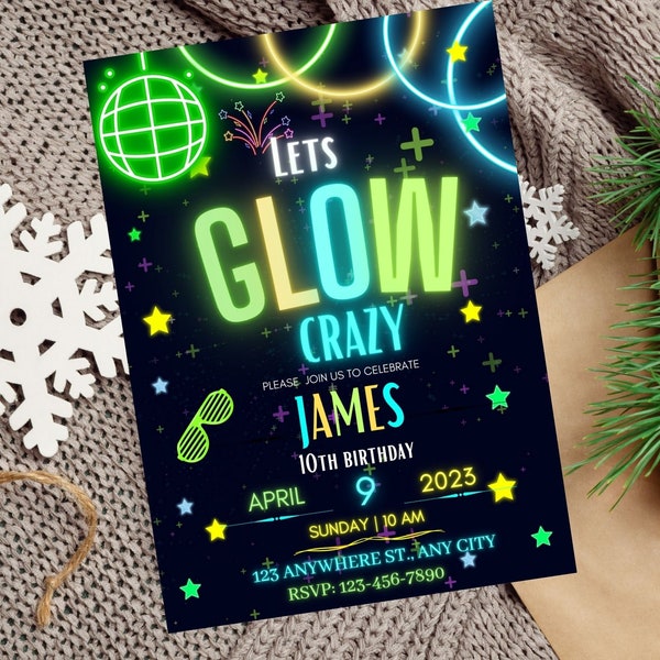 Editable Glow Party Birthday Invitation, Glow Gender Neutral Invites , Glow Party Template, Neon Party Invites, Editable Glow Party Template