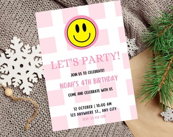 Birthday Invitation for Girl Preppy Smiley Face Editable Template Girl Birthday Invite Printable & Digital Invitation